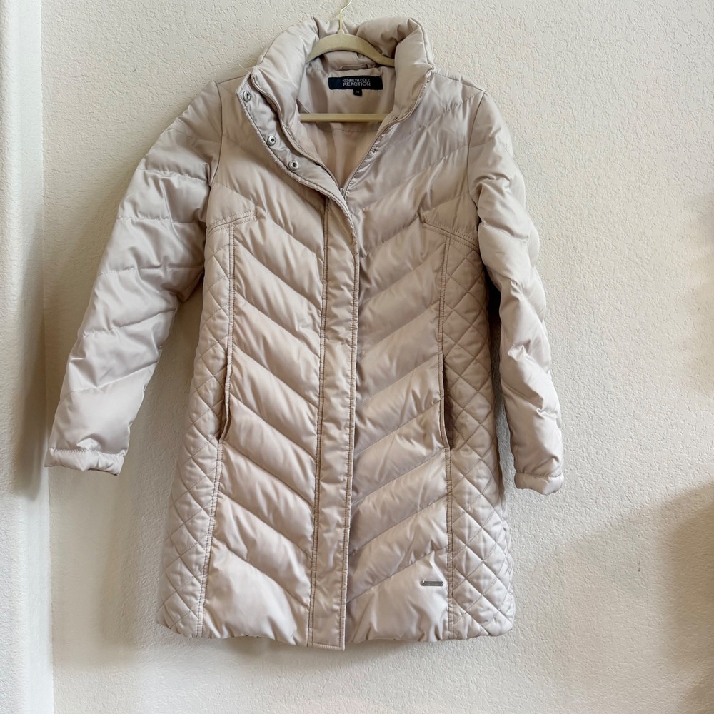 Kenneth Cole Reaction Women Champagne Beige Quilted Puffer Coat Parka Medium